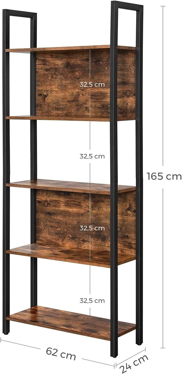 Vasagle -boghylde, opbevaringshylde, køkkenhylde med 5 hylder, stabil stålstruktur, til stue, indgang, hallway, kontor, industriel stil, rustik brun og sort LLS025B01