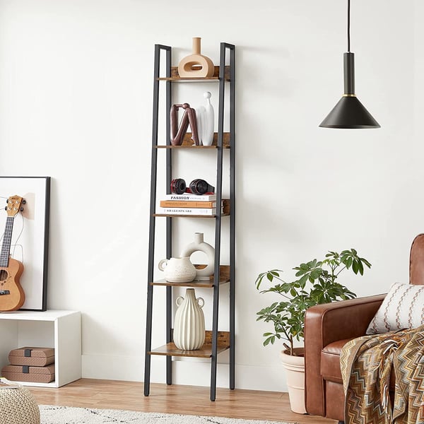 Vasagle Ladder hylde, 5-lags smal hylde, boghylde til hjemmekontor, stue, soveværelse, køkken, industriel, rustik brun og sort LLS109B01