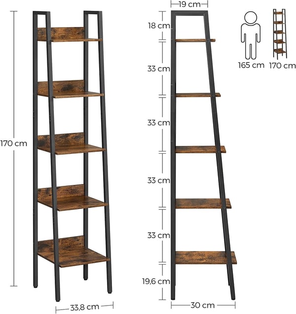 Vasagle Ladder hylde, 5-lags smal hylde, boghylde til hjemmekontor, stue, soveværelse, køkken, industriel, rustik brun og sort LLS109B01