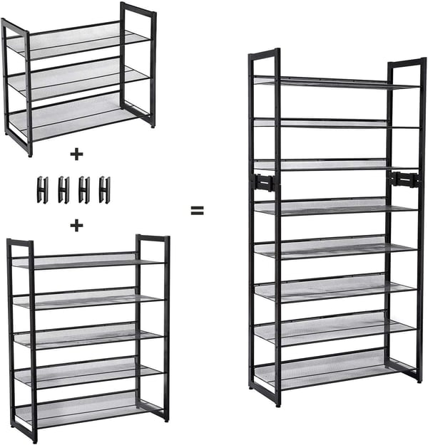 Songmics 5 Tier Metal Mesh Shoe Rack med flade vinklede hylder, store stable og justerbare støvler Storker Organisator i Hallway Closet LMR005B, sort