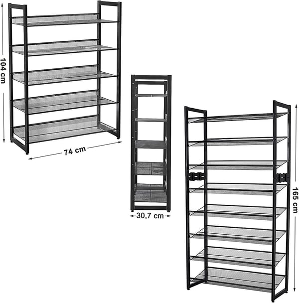 Songmics 5 Tier Metal Mesh Shoe Rack med flade vinklede hylder, store stable og justerbare støvler Storker Organisator i Hallway Closet LMR005B, sort