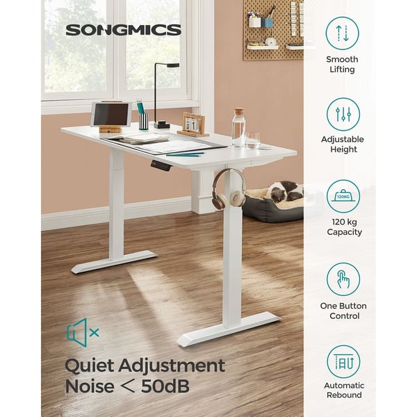 Songmics højde-justerbar elektrisk skrivebord, skrivebordsstativ, dobbeltmotor, med krog, uendelig justerbar, hukommelsesfunktion, stål, hvid LSD019W01