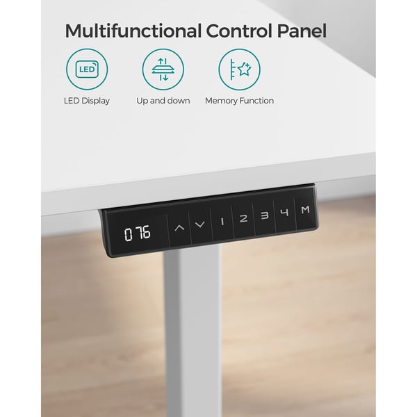 Songmics højde-justerbar elektrisk skrivebord, skrivebordsstativ, dobbeltmotor, med krog, uendelig justerbar, hukommelsesfunktion, stål, hvid LSD019W01