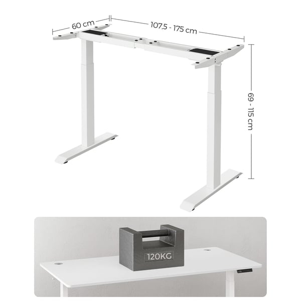Songmics højde-justerbar elektrisk skrivebord, skrivebordsstativ, dobbeltmotor, med krog, uendelig justerbar, hukommelsesfunktion, stål, hvid LSD019W01