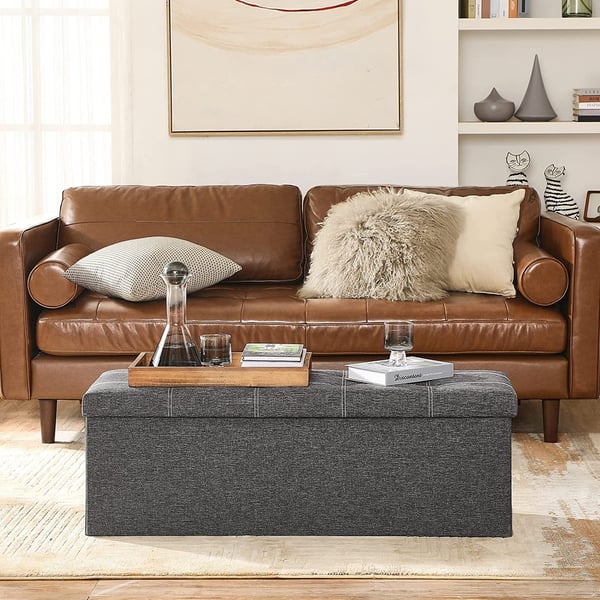 Songmics Storage Ottoman, sammenfoldelig opbevaringskiste, 110 x 38 x 38 cm, faux linned fodskammel, holder op til 300 kg, soveværelse stuehallen, mørkegrå LSF077G04