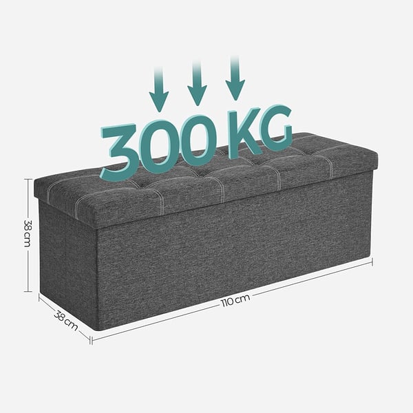 Songmics Storage Ottoman, sammenfoldelig opbevaringskiste, 110 x 38 x 38 cm, faux linned fodskammel, holder op til 300 kg, soveværelse stuehallen, mørkegrå LSF077G04