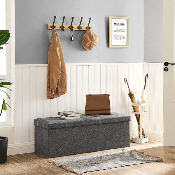Songmics Storage Ottoman, sammenfoldelig opbevaringskiste, 110 x 38 x 38 cm, faux linned fodskammel, holder op til 300 kg, soveværelse stuehallen, mørkegrå LSF077G04
