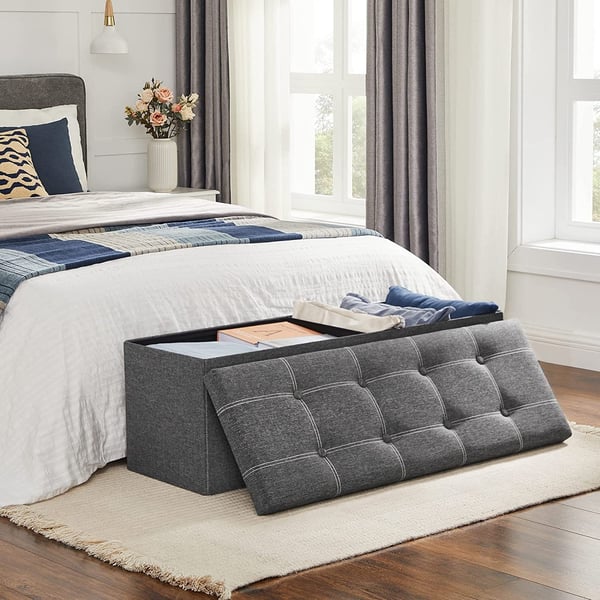 Songmics Storage Ottoman, sammenfoldelig opbevaringskiste, 110 x 38 x 38 cm, faux linned fodskammel, holder op til 300 kg, soveværelse stuehallen, mørkegrå LSF077G04