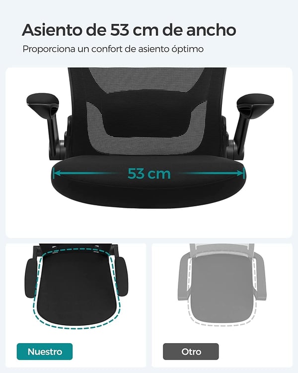 Songmics -kontorstol, skrivebordsstol, mesh drejestol, ergonomisk computerstol, lumbar support, svingende, sæde 53 cm, foldning af armlæn, sort obn37bkv1