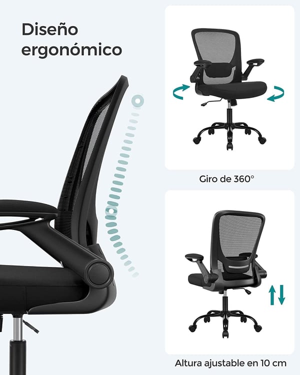 Songmics -kontorstol, skrivebordsstol, mesh drejestol, ergonomisk computerstol, lumbar support, svingende, sæde 53 cm, foldning af armlæn, sort obn37bkv1