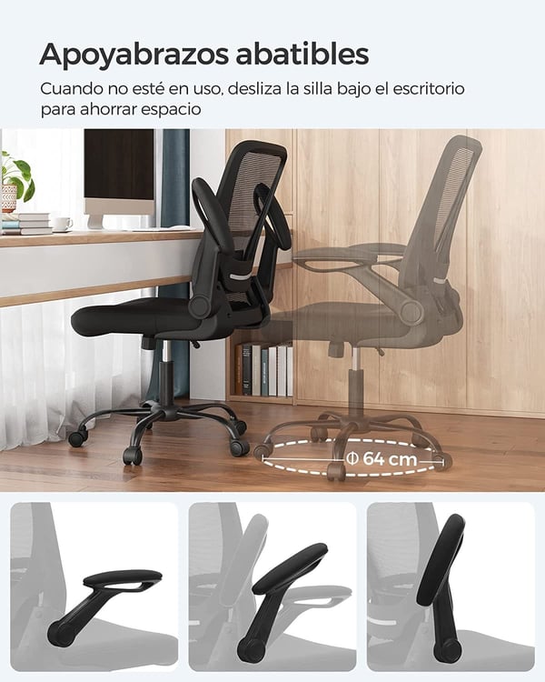 Songmics -kontorstol, skrivebordsstol, mesh drejestol, ergonomisk computerstol, lumbar support, svingende, sæde 53 cm, foldning af armlæn, sort obn37bkv1