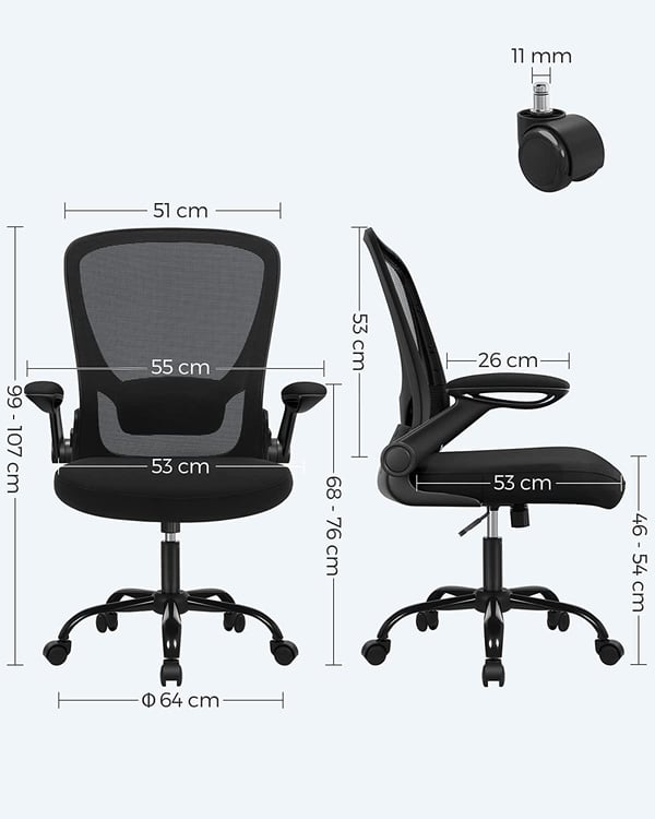Songmics -kontorstol, skrivebordsstol, mesh drejestol, ergonomisk computerstol, lumbar support, svingende, sæde 53 cm, foldning af armlæn, sort obn37bkv1