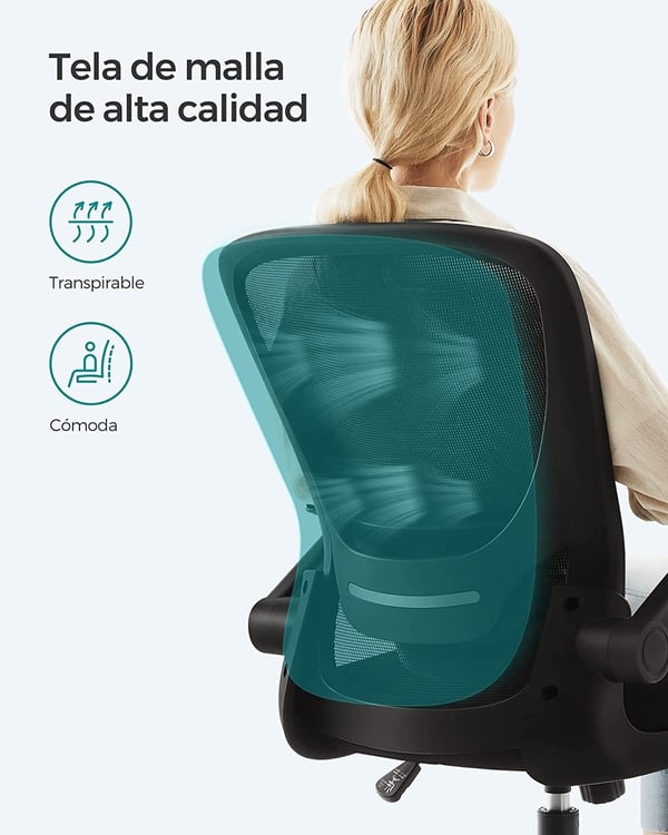 Songmics -kontorstol, skrivebordsstol, mesh drejestol, ergonomisk computerstol, lumbar support, svingende, sæde 53 cm, foldning af armlæn, sort obn37bkv1