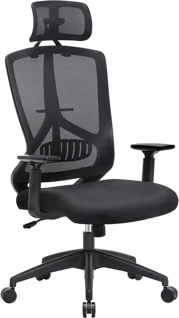 Songmics ergonomisk kontor og skrivebordsstol med lændenesupport, drejelig computerstol med justerbar nakkestøtte og armlæn, rockerfunktion og højdejustering, sort OBN53BK