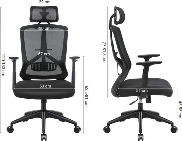 Songmics ergonomisk kontor og skrivebordsstol med lændenesupport, drejelig computerstol med justerbar nakkestøtte og armlæn, rockerfunktion og højdejustering, sort OBN53BK