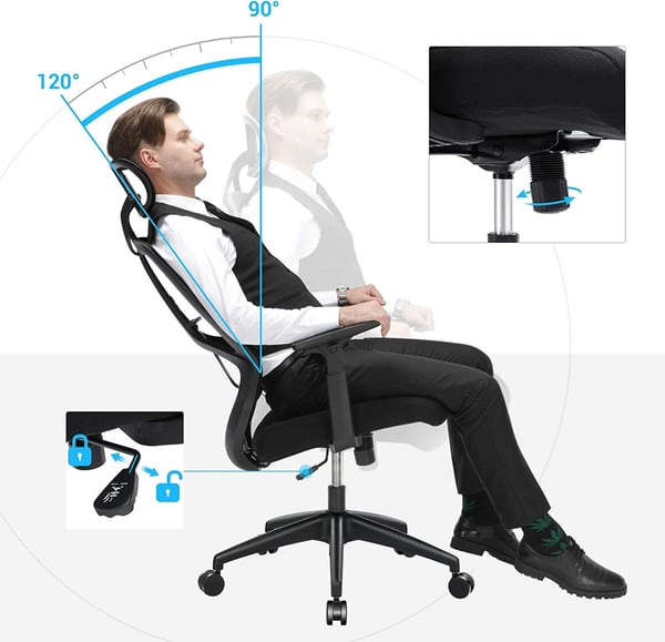 Songmics ergonomisk kontor og skrivebordsstol med lændenesupport, drejelig computerstol med justerbar nakkestøtte og armlæn, rockerfunktion og højdejustering, sort OBN53BK