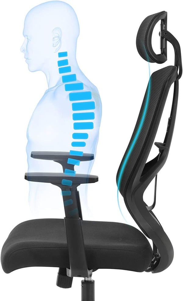Songmics ergonomisk kontor og skrivebordsstol med lændenesupport, drejelig computerstol med justerbar nakkestøtte og armlæn, rockerfunktion og højdejustering, sort OBN53BK