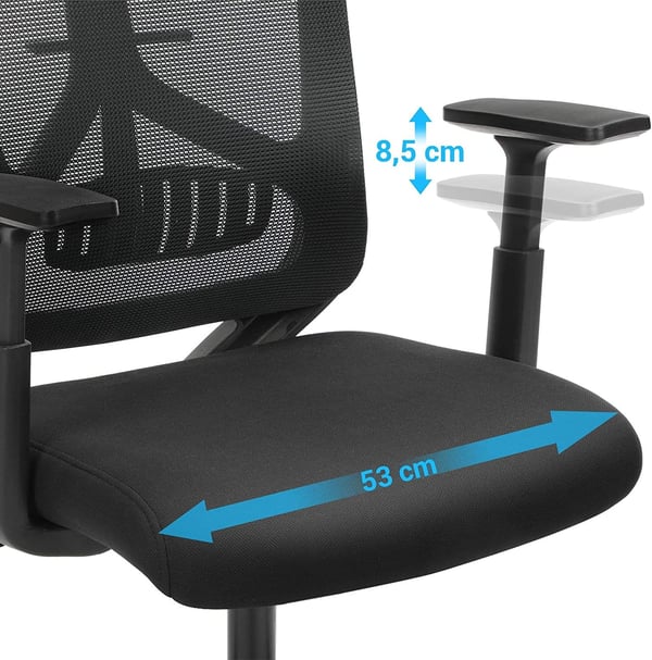 Songmics ergonomisk kontor og skrivebordsstol med lændenesupport, drejelig computerstol med justerbar nakkestøtte og armlæn, rockerfunktion og højdejustering, sort OBN53BK