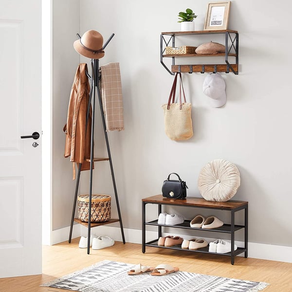 Vasagle frakke rack fritstående, frakke bøjle stativ, hall træ med 2 hylder, til tøj, hat, taske, industriel stil, rustik brun og sort RCR16BX