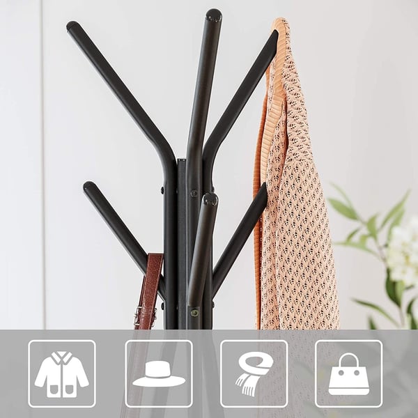 Vasagle frakke rack fritstående, frakke bøjle stativ, hall træ med 2 hylder, til tøj, hat, taske, industriel stil, rustik brun og sort RCR16BX