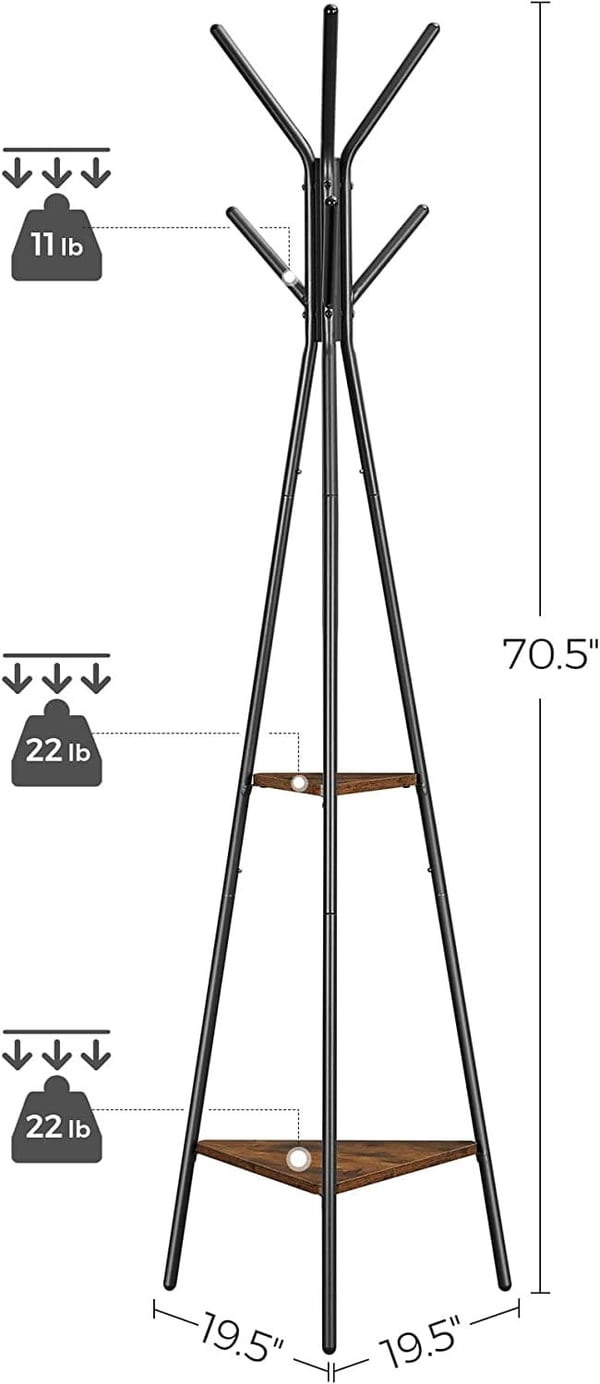 Vasagle frakke rack fritstående, frakke bøjle stativ, hall træ med 2 hylder, til tøj, hat, taske, industriel stil, rustik brun og sort RCR16BX