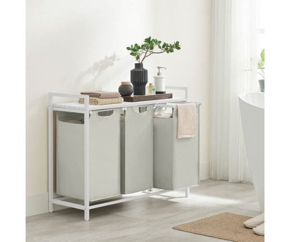 Vasagle Tøjvaskekurv, 3-rumvasketvask, udtræk og aftagelige vaskeri, vaskeri, hylde, metalramme, 3 x 38L, 92,5 x 33 x 72 cm, hvid blh301w01