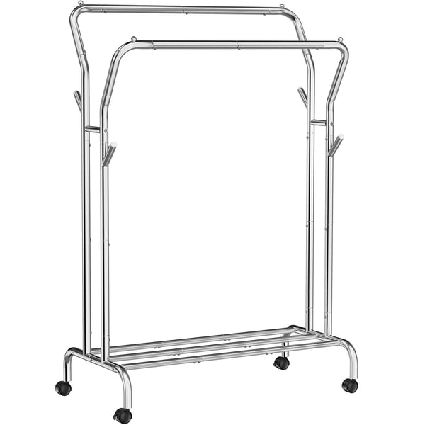 Songmics tøjskinne, tøjstativ, dobbelt tøj hængende jernbane, kraftig metalramme, med hjul og hylde, 100 kg total maks. Belastning, 103,5 cm bred, tøjopbevaring, sølv HSR107E01 Songmics tøjskinne, tøjstativ, dobbelt tøj hængende jernbane, kraftig metalramme, med hjul og hylde, 100 kg total maks. Belastning, 103,5 cm bred, tøjopbevaring, sølv HSR107E01