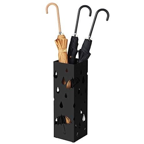 Songmics Metal Paraply Stand, firkantet paraplyholder med drypbakke og 4 kroge, sort