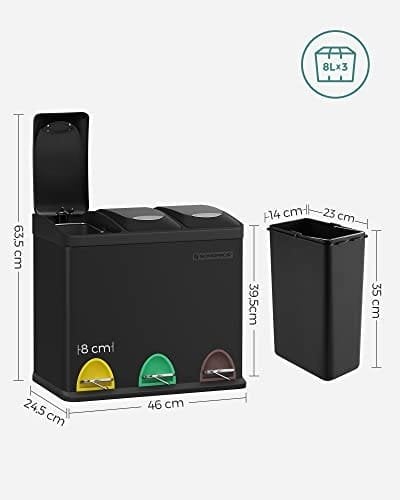 Songmics skraldespand 3-i-1 pedalspand 24 liter metal skraldespand affaldssepareringssystem Sort