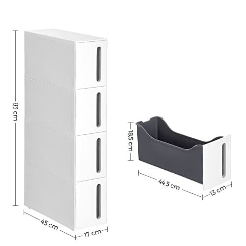 Songmics plastopbevaringsbokse, smal opbevaringsvogn på hjul, 45 x 17 x 83 cm, hvid og grå