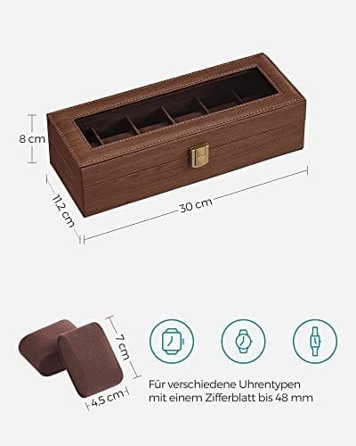 Songmics klocklåda med 6 fack, klockhållare med lås, 11,2 x 30 x 8 cm, presentidé, brunt