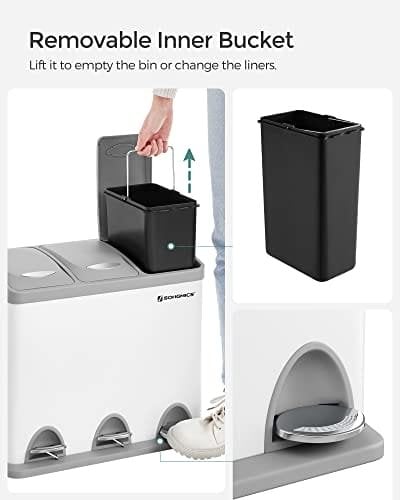 Songmics Pedal Bin, 3 x 8L återvinningsfack, 3-fack metallskräp, stål, vit och grå