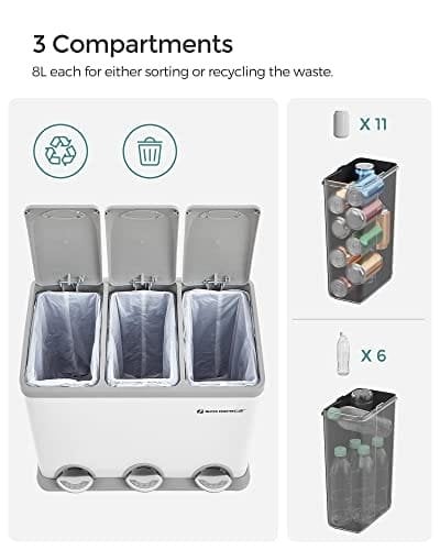 Songmics Pedal Bin, 3 x 8L återvinningsfack, 3-fack metallskräp, stål, vit och grå