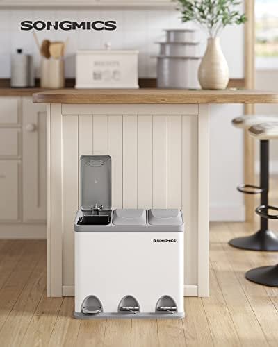 Songmics Pedal Bin, 3 x 8L återvinningsfack, 3-fack metallskräp, stål, vit och grå