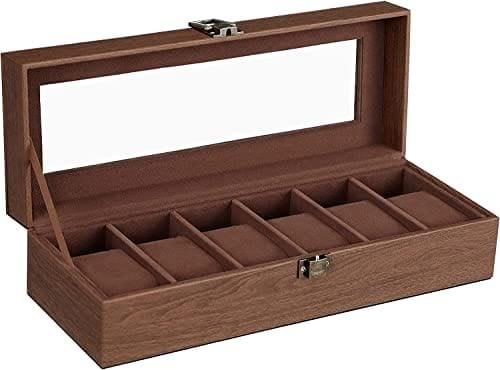 Songmics klocklåda med 6 fack, klockhållare med lås, 11,2 x 30 x 8 cm, presentidé, brunt