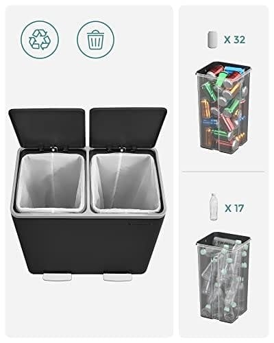 Songmics genbrugsspand, dobbelt skraldespand, 2 x 24l, med 2 fack, sort