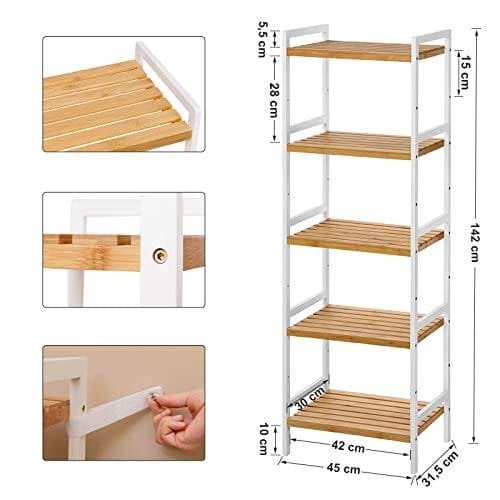 Songmics 5-lags bambus opbevaringsstativ, 31,5 x 45 x 142 cm, naturlig og hvid