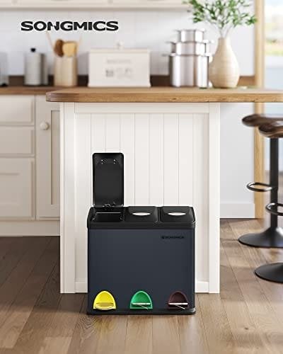 Songmics genbrugsspand, 3-i-1 pedalspand, 24 liter metalaffaldsspand, stål, grå