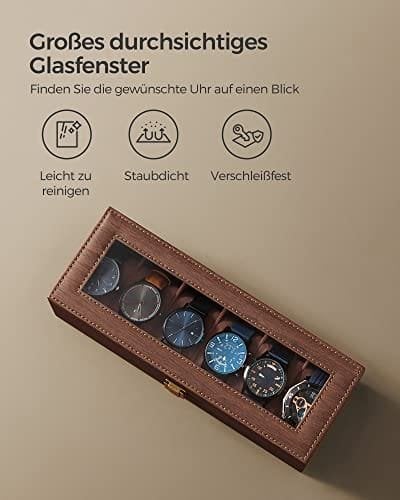 Songmics klocklåda med 6 fack, klockhållare med lås, 11,2 x 30 x 8 cm, presentidé, brunt