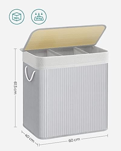 Songmics pyykkikori, jossa 3 osaa, 150L taitettava, harmaa