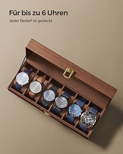 Songmics klocklåda med 6 fack, klockhållare med lås, 11,2 x 30 x 8 cm, presentidé, brunt