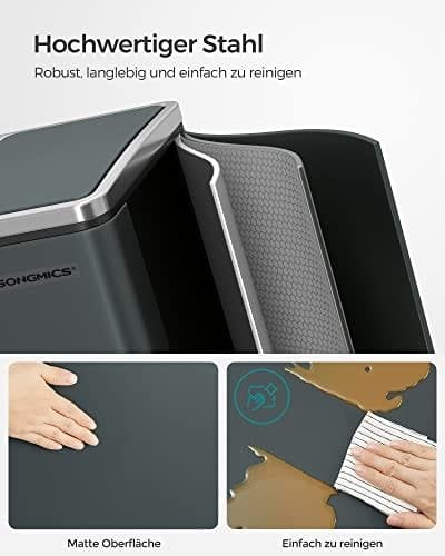 Songmics køkkenspand, 2 x 15 L stålspande, stigespande med indvendige spande, antracitgrå