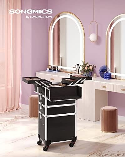 Songmics Professional makeup box, 4-i-1 Travel Beauty Trolley, Stor kosmetisk vagn, smink väska, Svart