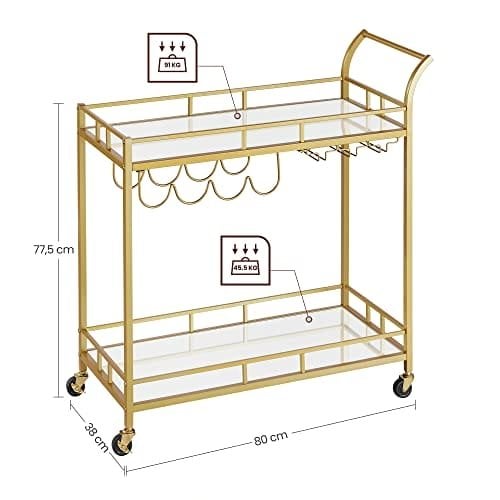 Serveringsvogn Trolley Glasholder 2 Spejlglashylder Bar Trolley Vinvogn Køkken Spisestue Bar Guld
