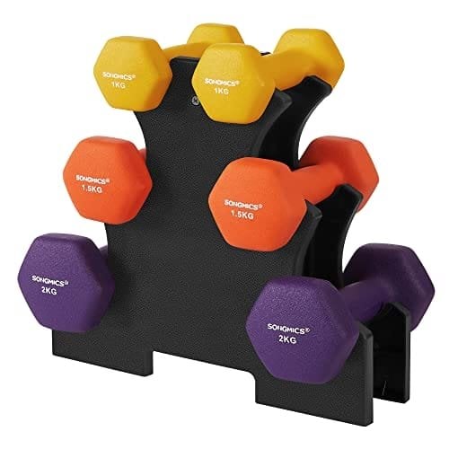 Songmics Hex käsipainosetti jalustalla, 2 x 1 kg, 2 x 1,5 kg, 2 x 2 kg, käsipainot, keltainen, oranssi ja violetti
