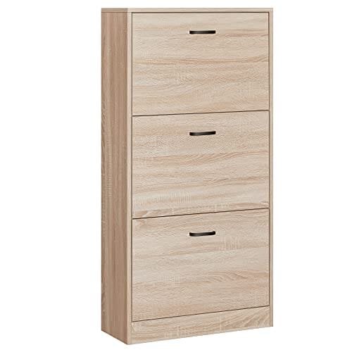 Vasagle skoskåp med 3 dörrars skoställ, skoskåp med 3 fack, 60 x 24 x 120 cm, natur