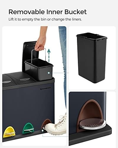 Songmics genbrugsspand, 3-i-1 pedalspand, 24 liter metalaffaldsspand, stål, grå