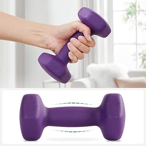 Songmics Hex-håndvægtsæt med stativ, 2 x 1 kg, 2 x 1,5 kg, 2 x 2 kg, håndvægte, gul, lyserød og lilla