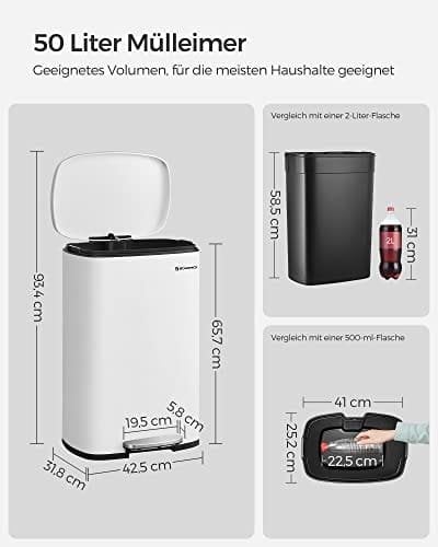 Songmics køkkenpedalspand, 50L skraldespand, med indvendig plastspand, hvid