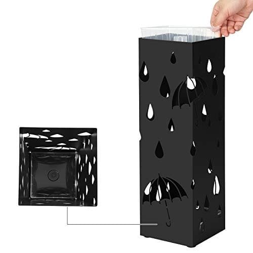 Songmics Metal Paraply Stand, firkantet paraplyholder med drypbakke og 4 kroge, sort